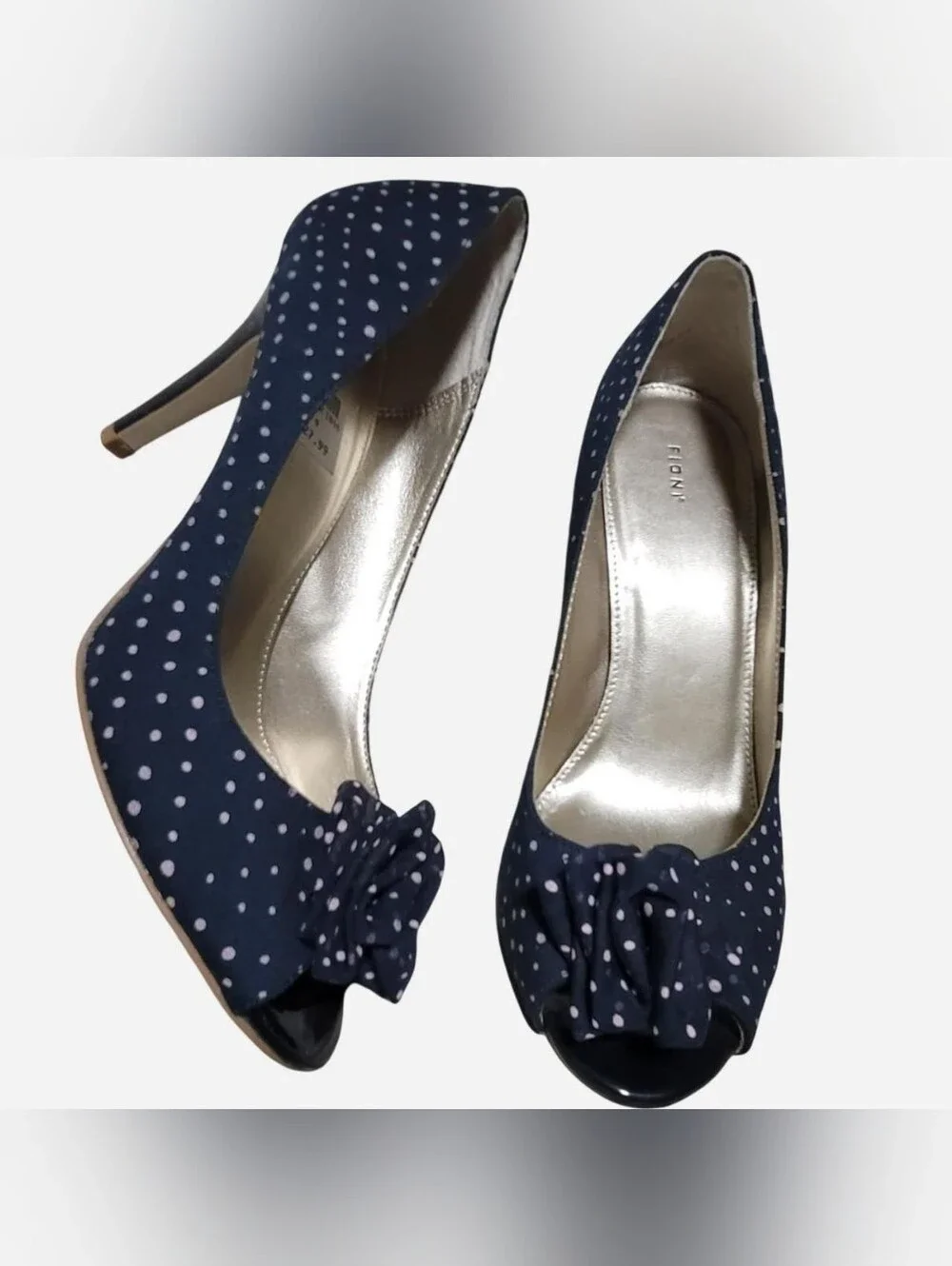 Navy Pink Polka Dot Peep-Toe Heels with Floral Accent Sz 9